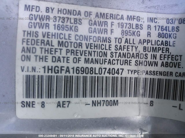 1HGFA16908L074047 - 2008 HONDA CIVIC EXL 银色 照片 9