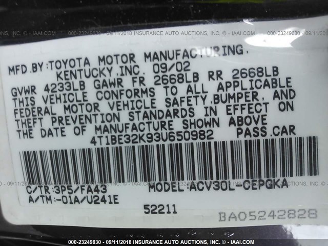 4T1BE32K93U650982 - 2003 TOYOTA CAMRY LE/XLE/SE Bordo foto 9