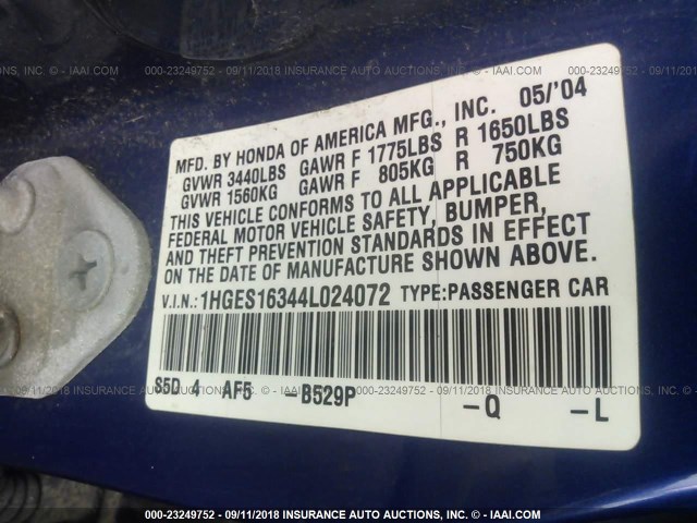 1HGES16344L024072 - 2004 HONDA CIVIC DX VP BLUE photo 9