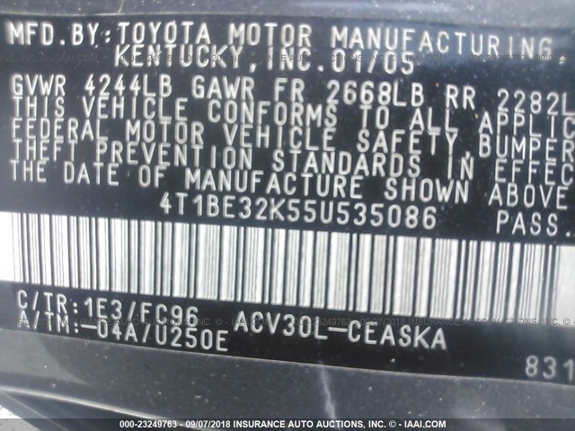 4T1BE32K55U535086 - 2005 TOYOTA CAMRY LE/XLE/SE 灰色 照片 9