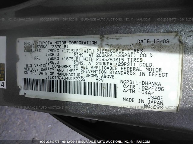 JTLKT324840152359 - 2004 TOYOTA SCION XB Gris foto 9