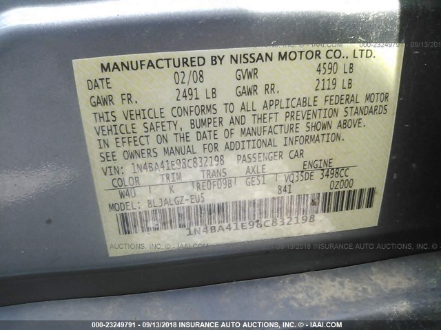 1N4BA41E98C832198 - 2008 NISSAN MAXIMA SE/SL GRAY photo 9