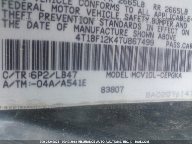 4T1BF12K4TU867499 - 1996 TOYOTA CAMRY LE/XLE/SE Жасыл фото 9