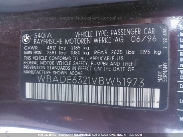 WBADE6321VBW51973 - 1997 BMW 540 I AUTOMATIC BURGUNDY photo 9