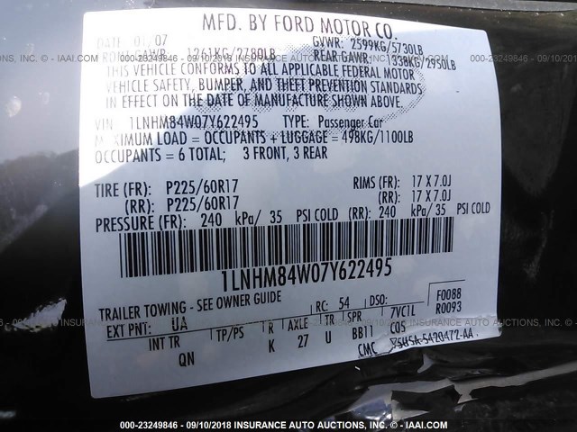 1LNHM84W07Y622495 - 2007 LINCOLN TOWN CAR EXECUTIVE L BLACK photo 9