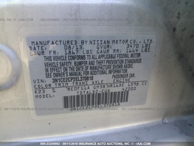 3N1CE2CP2EL370818 - 2014 NISSAN VERSA NOTE S/S PLUS/SV/SL SILVER photo 9