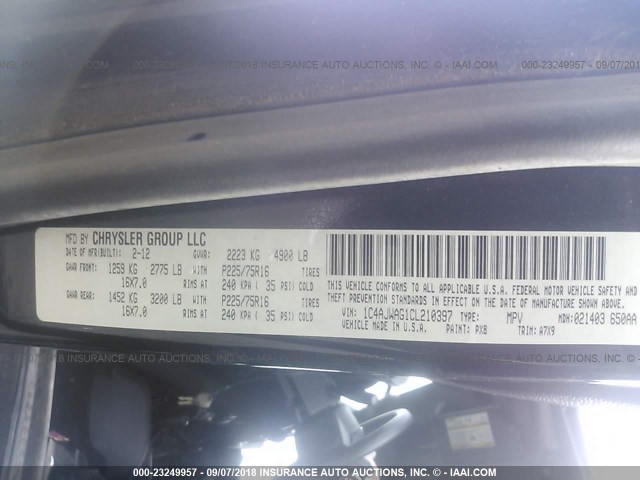 1C4AJWAG1CL210397 - 2012 JEEP WRANGLER SPORT 黑色 照片 9