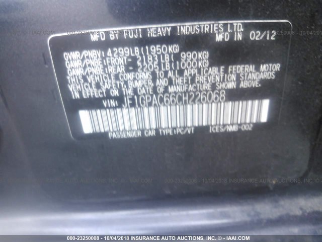 JF1GPAC66CH226068 - 2012 SUBARU IMPREZA PREMIUM GRAY photo 9