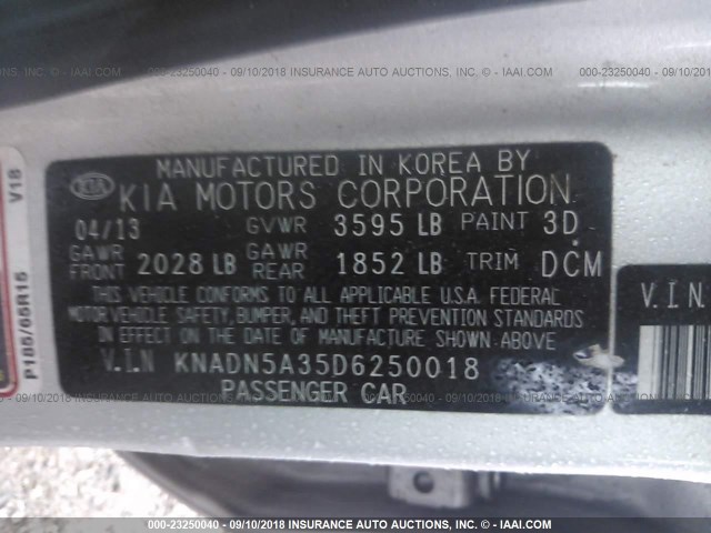 KNADN5A35D6250018 - 2013 KIA RIO EX/SX SILVER photo 9