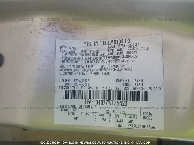 1FAFP34N77W135423 - 2007 FORD FOCUS ZX4/S/SE/SES GOLD photo 9