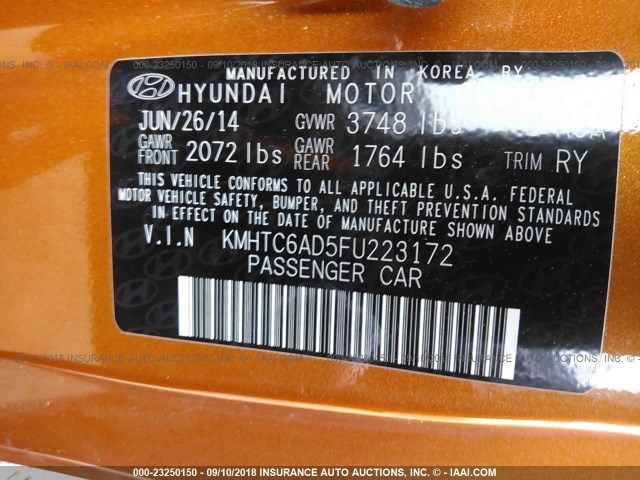 KMHTC6AD5FU223172 - 2015 HYUNDAI VELOSTER ORANGE photo 9