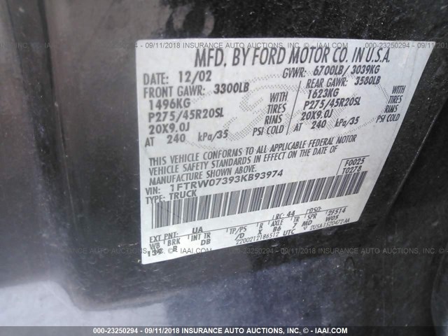 1FTRW07393KB93974 - 2003 FORD F150 SUPERCREW HARLEY DAVIDSON BLACK photo 9