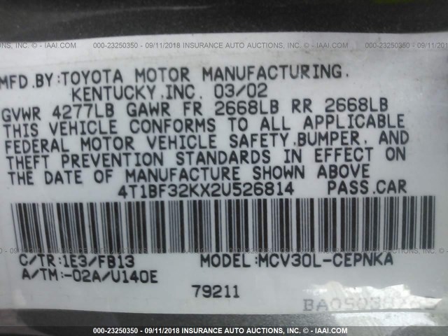 4T1BF32KX2U526814 - 2002 TOYOTA CAMRY LE/XLE/SE Boz foto 9
