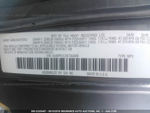 4S4BP61CX97344368 - 2009 SUBARU OUTBACK 2.5I GRAY photo 9