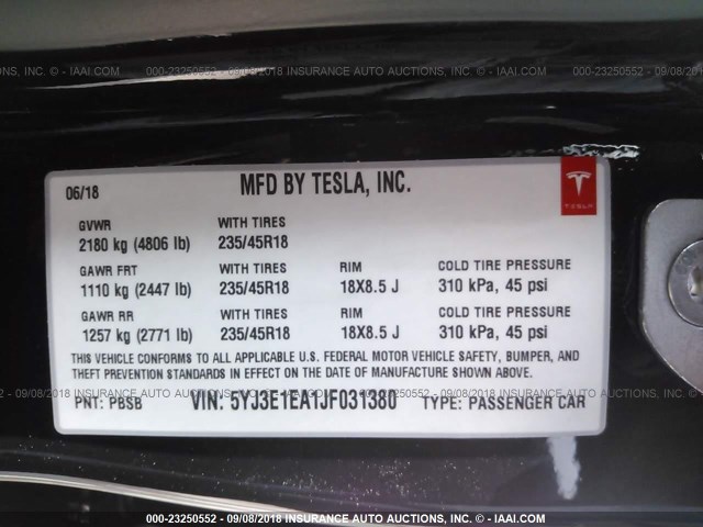 5YJ3E1EA1JF031380 - 2018 TESLA MODEL 3 შავი ფოტო 9
