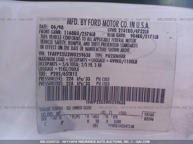 1FAFP52U3WG259638 - 1998 FORD TAURUS LX/SE WHITE photo 9