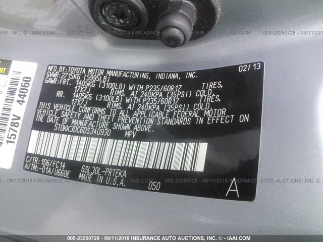 5TDKK3DC6DS340930 - 2013 TOYOTA SIENNA LE GRAY photo 9