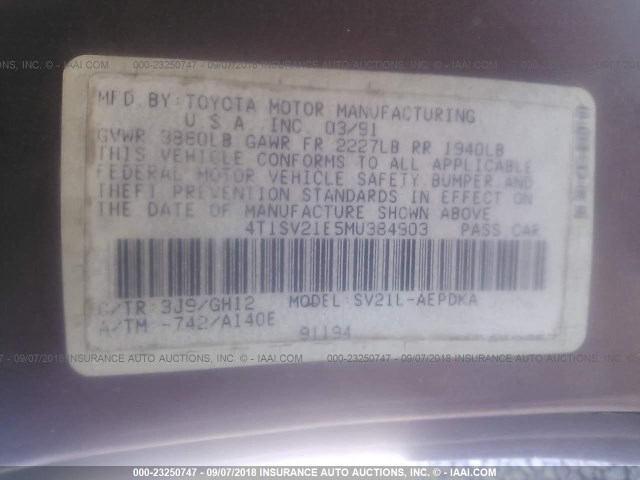 4T1SV21E5MU384903 - 1991 TOYOTA CAMRY DLX 红色 照片 9