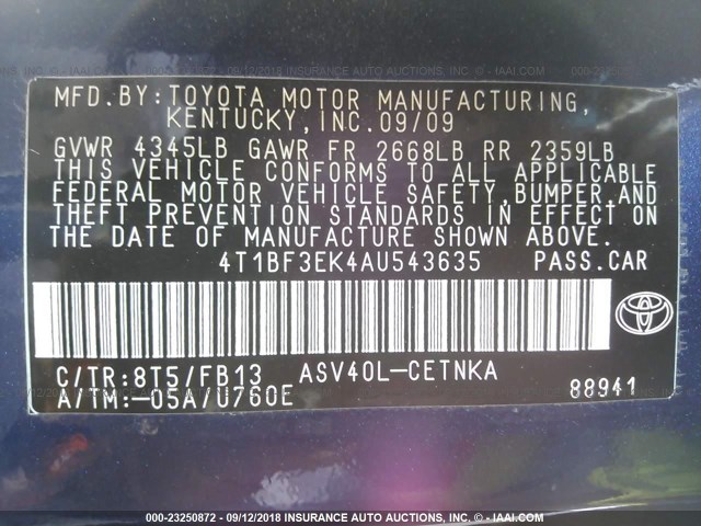 4T1BF3EK4AU543635 - 2010 TOYOTA CAMRY SE/LE/XLE BLUE photo 9