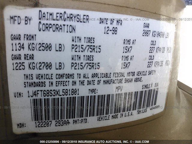 1J4FT68S3XL581801 - 1999 JEEP CHEROKEE SPORT/CLASSIC ოქროსფერი ფოტო 9