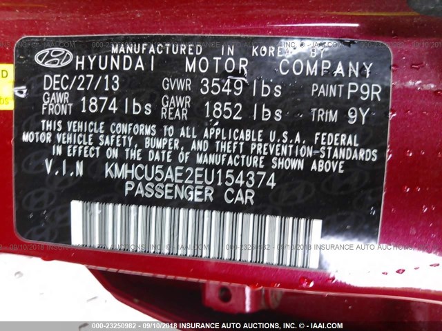 KMHCU5AE2EU154374 - 2014 HYUNDAI ACCENT GLS/SE RED photo 9