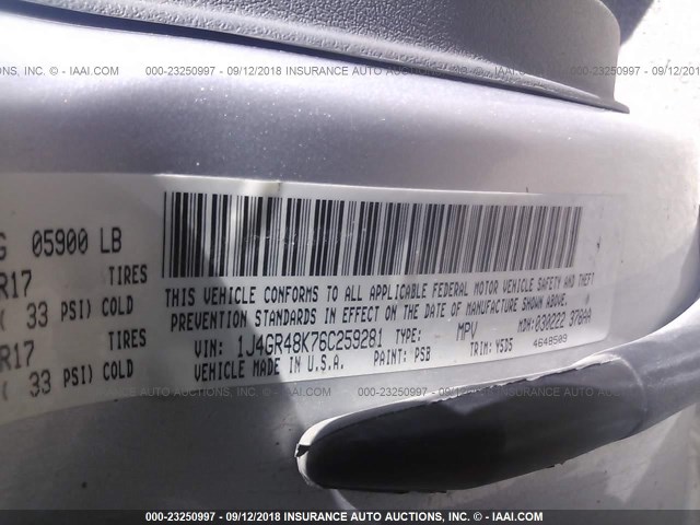 1J4GR48K76C259281 - 2006 JEEP GRAND CHEROKEE LAREDO/COLUMBIA/FREEDOM 银色 照片 9