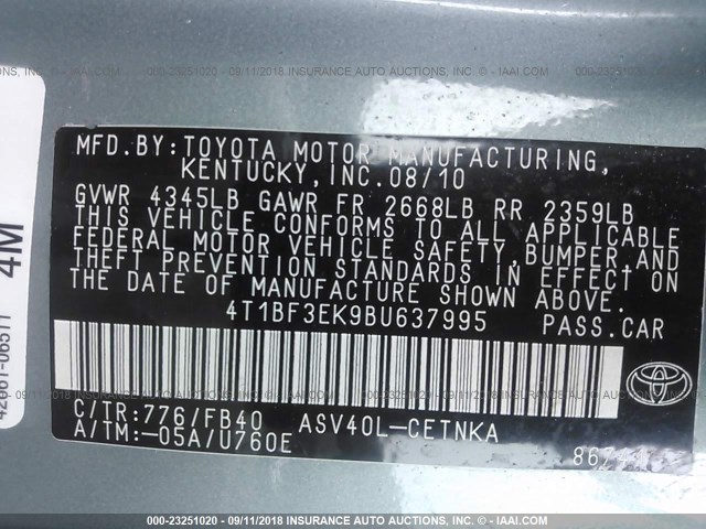 4T1BF3EK9BU637995 - 2011 TOYOTA CAMRY SE/LE/XLE ტალღისფერი ფოტო 9