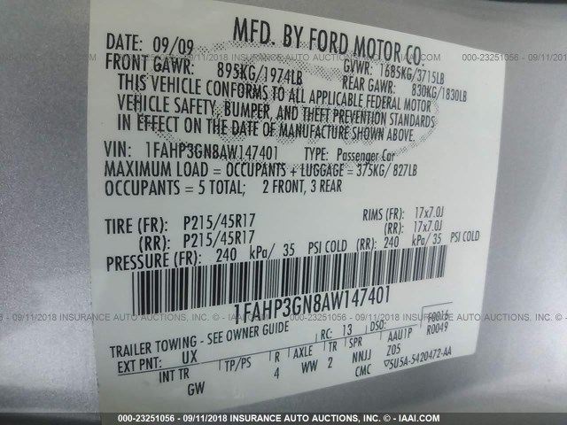 1FAHP3GN8AW147401 - 2010 FORD FOCUS SES SILVER photo 9