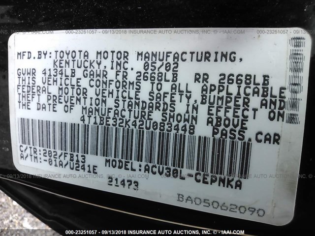 4T1BE32K42U083448 - 2002 TOYOTA CAMRY LE/XLE/SE Қара фото 9