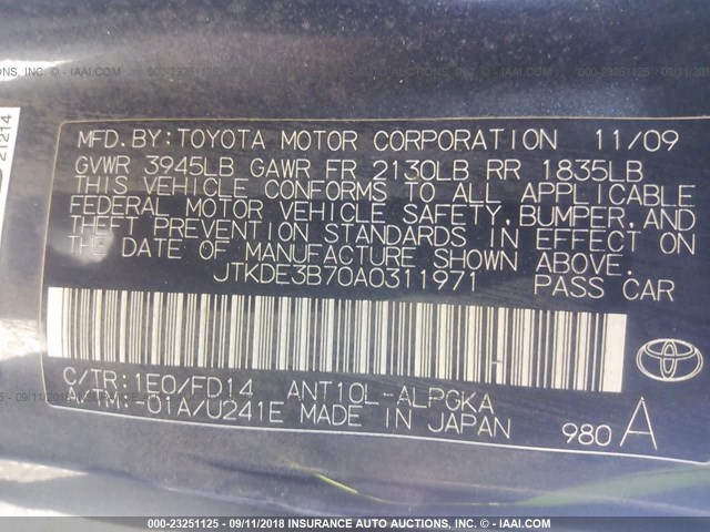 JTKDE3B70A0311971 - 2010 TOYOTA SCION TC 灰色 照片 9