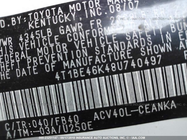 4T1BE46K48U740497 - 2008 TOYOTA CAMRY CE/LE/XLE/SE WHITE photo 9