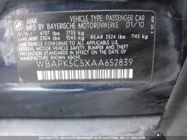 WBAPK5C5XAA652839 - 2010 BMW 328 XI SULEV BLACK photo 9