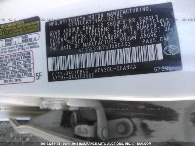 4T1BE32K25U560463 - 2005 TOYOTA CAMRY LE/XLE/SE Ақ фото 9