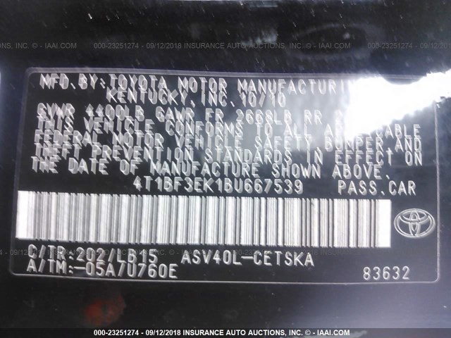 4T1BF3EK1BU667539 - 2011 TOYOTA CAMRY SE/LE/XLE BLACK photo 9