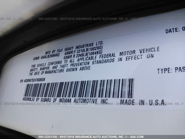 4S3BH675247608556 - 2004 SUBARU LEGACY OUTBACK AWP 白色 照片 9