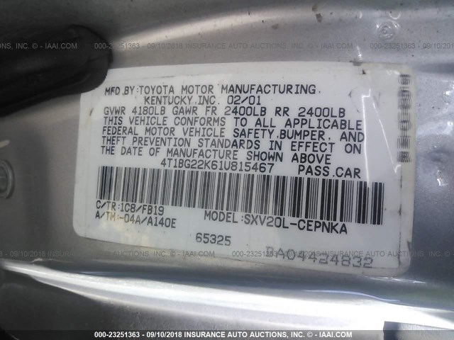 4T1BG22K61U815467 - 2001 TOYOTA CAMRY CE/LE/XLE 银色 照片 9