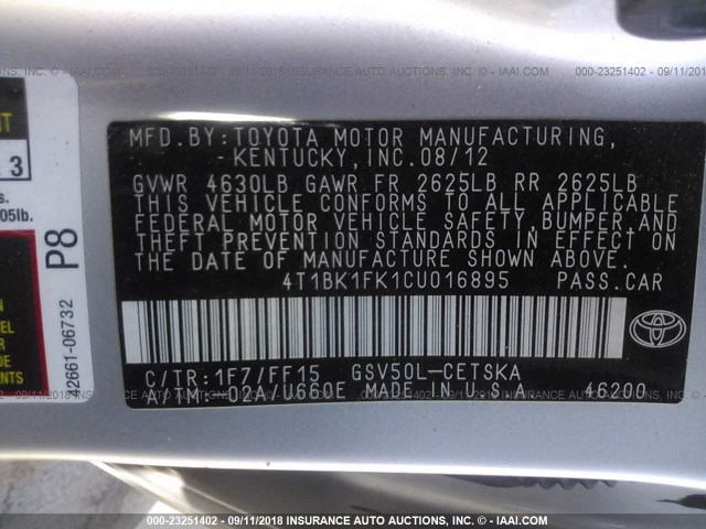 4T1BK1FK1CU016895 - 2012 TOYOTA CAMRY SE/XLE SILVER photo 9