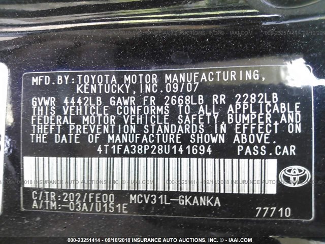 4T1FA38P28U141694 - 2008 TOYOTA CAMRY SOLARA SE/SLE/SPORT BLACK photo 9