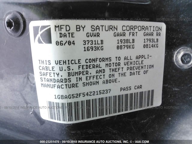 1G8AG52F54Z215237 - 2004 SATURN ION LEVEL 1 WHITE photo 9