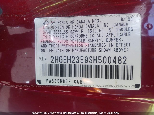 2HGEH2359SH500482 - 1995 HONDA CIVIC CX RED photo 9