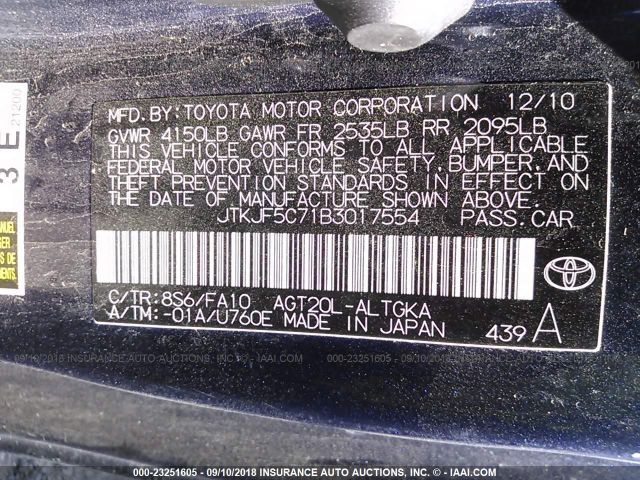 JTKJF5C71B3017554 - 2011 TOYOTA SCION TC 蓝色 照片 9