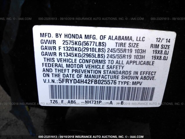 5FRYD4H42FB025576 - 2015 ACURA MDX TECHNOLOGY BLACK photo 9