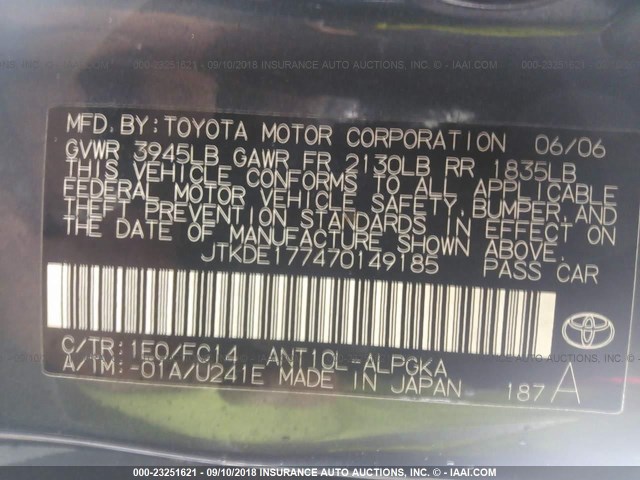JTKDE177470149185 - 2007 TOYOTA SCION TC 灰色 照片 9