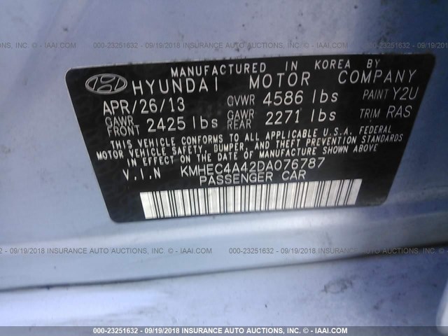 KMHEC4A42DA076787 - 2013 HYUNDAI SONATA HYBRID Light Blue photo 9