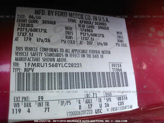 1FMRU1568YLC28221 - 2000 FORD EXPEDITION XLT RED photo 9