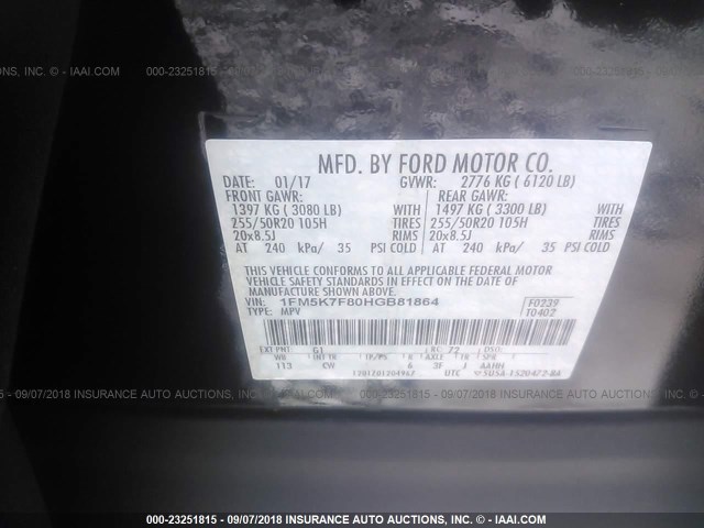 1FM5K7F80HGB81864 - 2017 FORD EXPLORER LIMITED BLACK photo 9