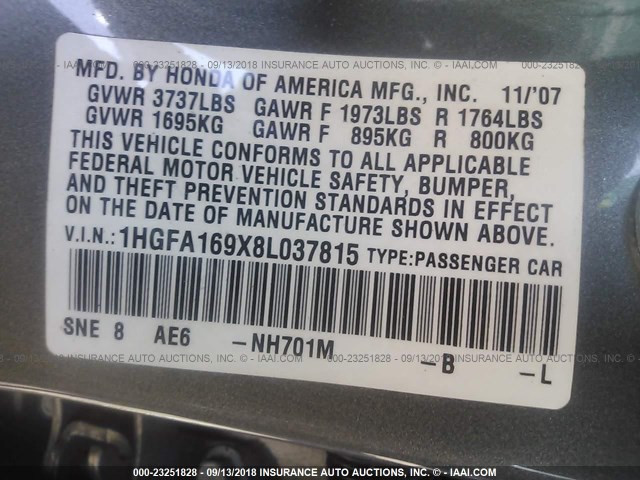 1HGFA169X8L037815 - 2008 HONDA CIVIC EXL 灰色 照片 9