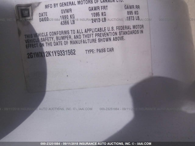 2G1WX12K1Y9331562 - 2000 CHEVROLET MONTE CARLO SS თეთრი ფოტო 9