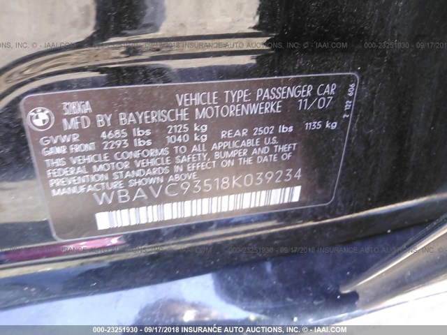 WBAVC93518K039234 - 2008 BMW 328 XI BLACK photo 9