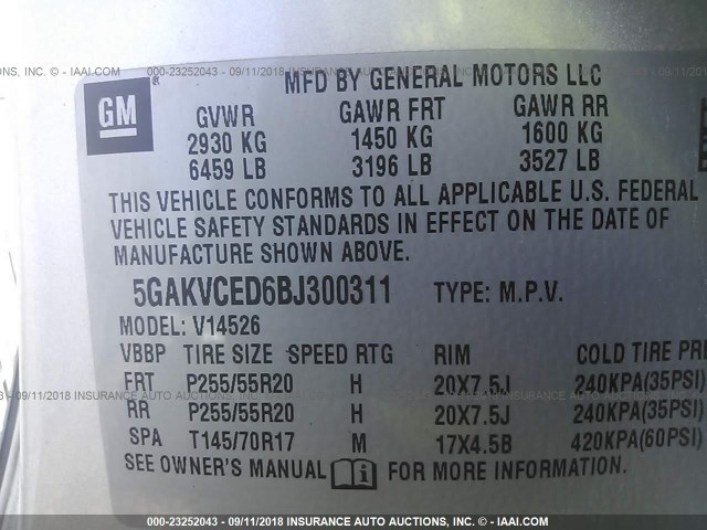 5GAKVCED6BJ300311 - 2011 BUICK ENCLAVE CXL 银色 照片 9